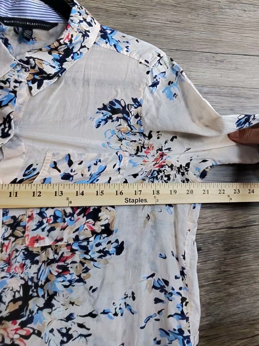 White House Black Market Cream Button-Down with Blue & Pink Floral Print - Picture 2 of 9